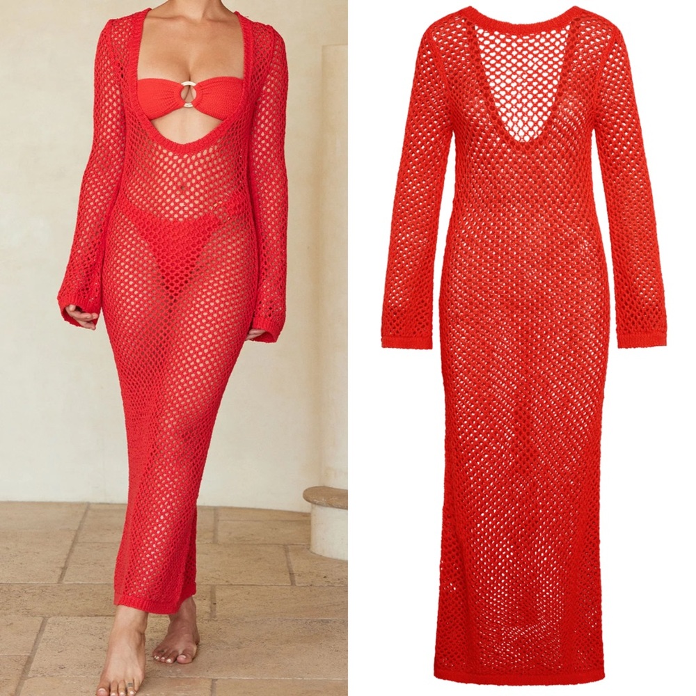 Monday Swimwear Red Crochet Long Sleeve Swim Coverup